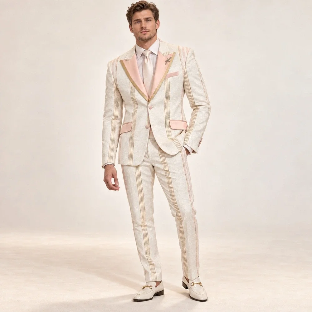 Barabas Suit Set Floral Jacquard Pink White Gold Mens 38R 32 Slim Fit BL3006-1#